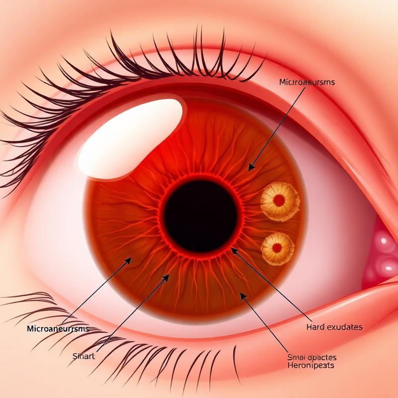 Fondo oculare con segni di retinopatia non proliferante: microaneurismi, emorragie ed essudati duri