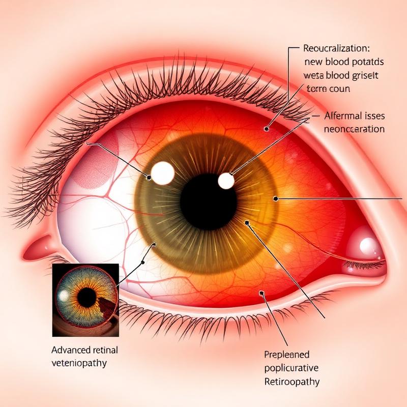 Fondo oculare con neovascolarizzazione retinica e emorragie tipiche della forma proliferante